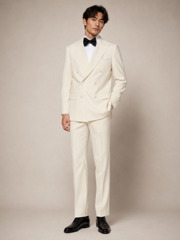 Cream Tailored Fit Milano Double Breast Peak Lapel Tuxedo (2) Cream Tailored Fit Milano Double Breast Tuxedo 奶白色 Roma 修身剪裁兩件套雙排扣禮服