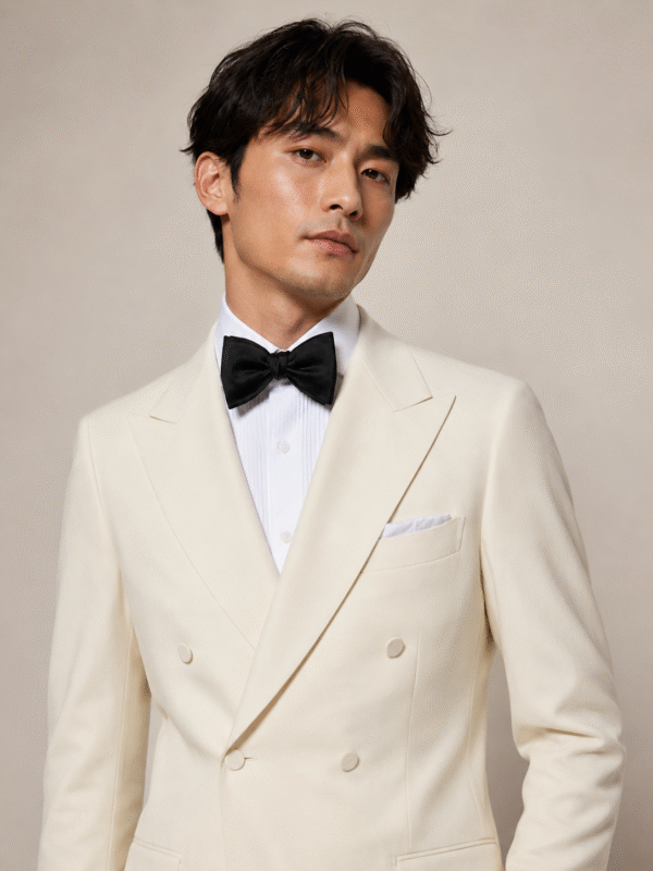 Cream Tailored Fit Milano Double Breast Peak Lapel Tuxedo (5) Cream Tailored Fit Milano Double Breast Tuxedo 奶白色 Roma 修身剪裁兩件套雙排扣禮服