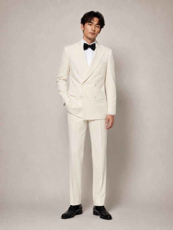 Cream Tailored Fit Milano Double Breast Peak Lapel Tuxedo(1) Cream Tailored Fit Milano Double Breast Tuxedo 奶白色 Roma 修身剪裁兩件套雙排扣禮服