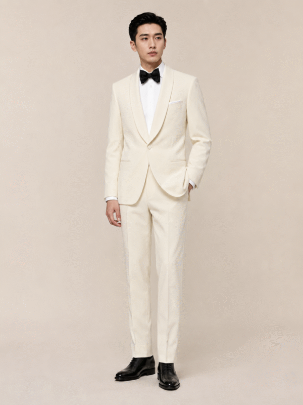 Cream Tailored Fit Milano Shawl Lapel Tuxedo (1) Cream Tailored Fit Milano Shawl Lapel Tuxedo 奶白色 Roma 修身剪裁兩件套圓領禮服