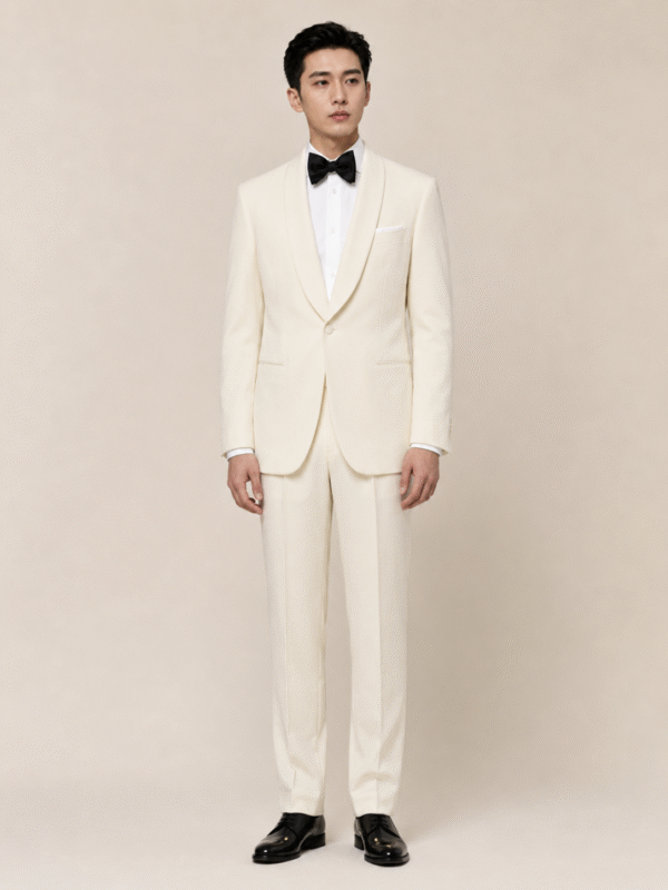 Cream Tailored Fit Milano Shawl Lapel Tuxedo (2) Cream Tailored Fit Milano Shawl Lapel Tuxedo 奶白色 Roma 修身剪裁兩件套圓領禮服