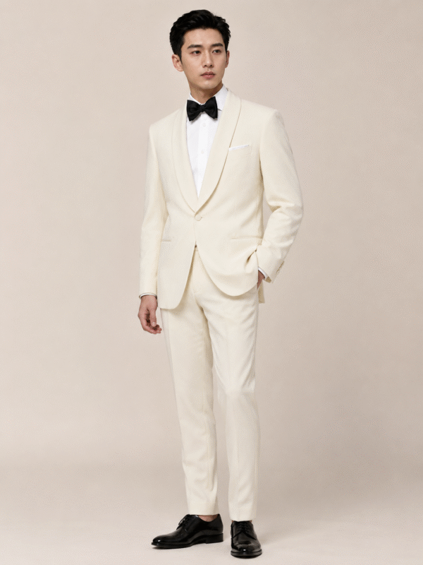 Cream Tailored Fit Milano Shawl Lapel Tuxedo (3) Cream Tailored Fit Milano Shawl Lapel Tuxedo 奶白色 Roma 修身剪裁兩件套圓領禮服