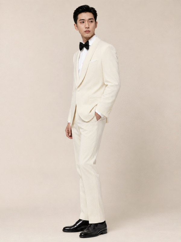 Cream Tailored Fit Milano Shawl Lapel Tuxedo (4) Cream Tailored Fit Milano Shawl Lapel Tuxedo 奶白色 Roma 修身剪裁兩件套圓領禮服