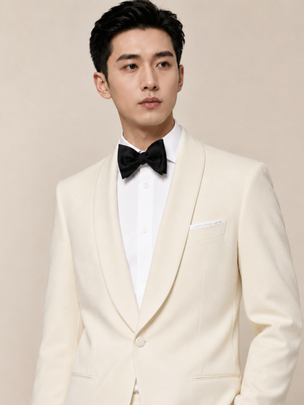 Cream Tailored Fit Milano Shawl Lapel Tuxedo (6) Cream Tailored Fit Milano Shawl Lapel Tuxedo 奶白色 Roma 修身剪裁兩件套圓領禮服
