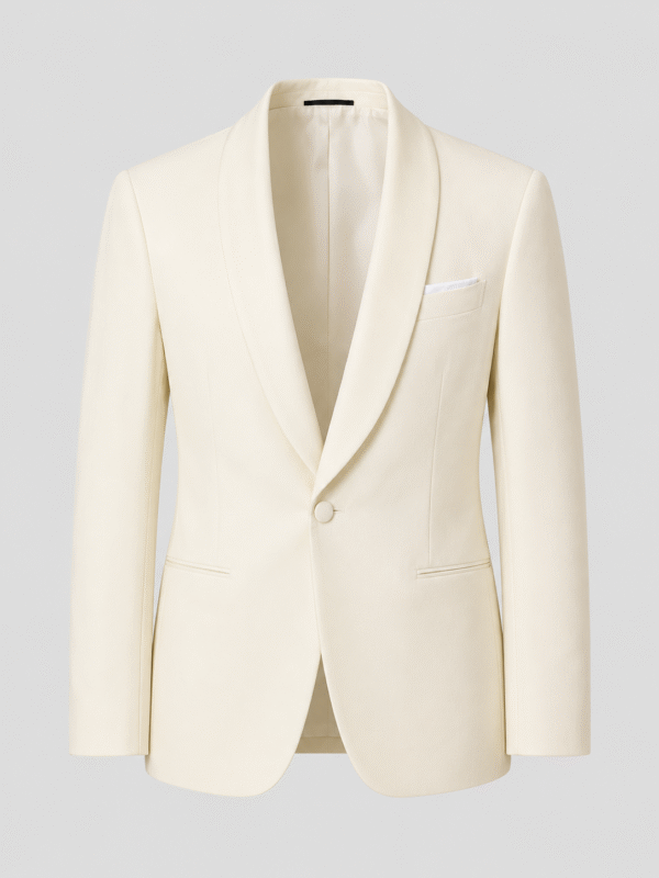 Cream Tailored Fit Milano Shawl Lapel Tuxedo (7) Cream Tailored Fit Milano Shawl Lapel Tuxedo 奶白色 Roma 修身剪裁兩件套圓領禮服