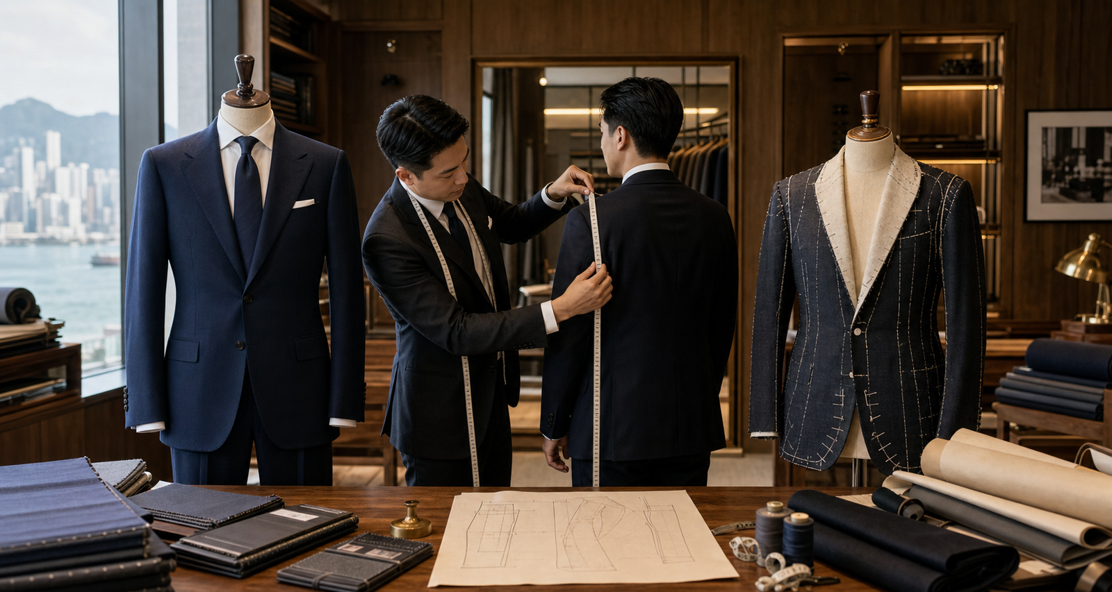 香港裁縫店內並列成衣西裝、量身過程與 bespoke 半成品外套，示範 RTW、MTM 同訂造西裝分別