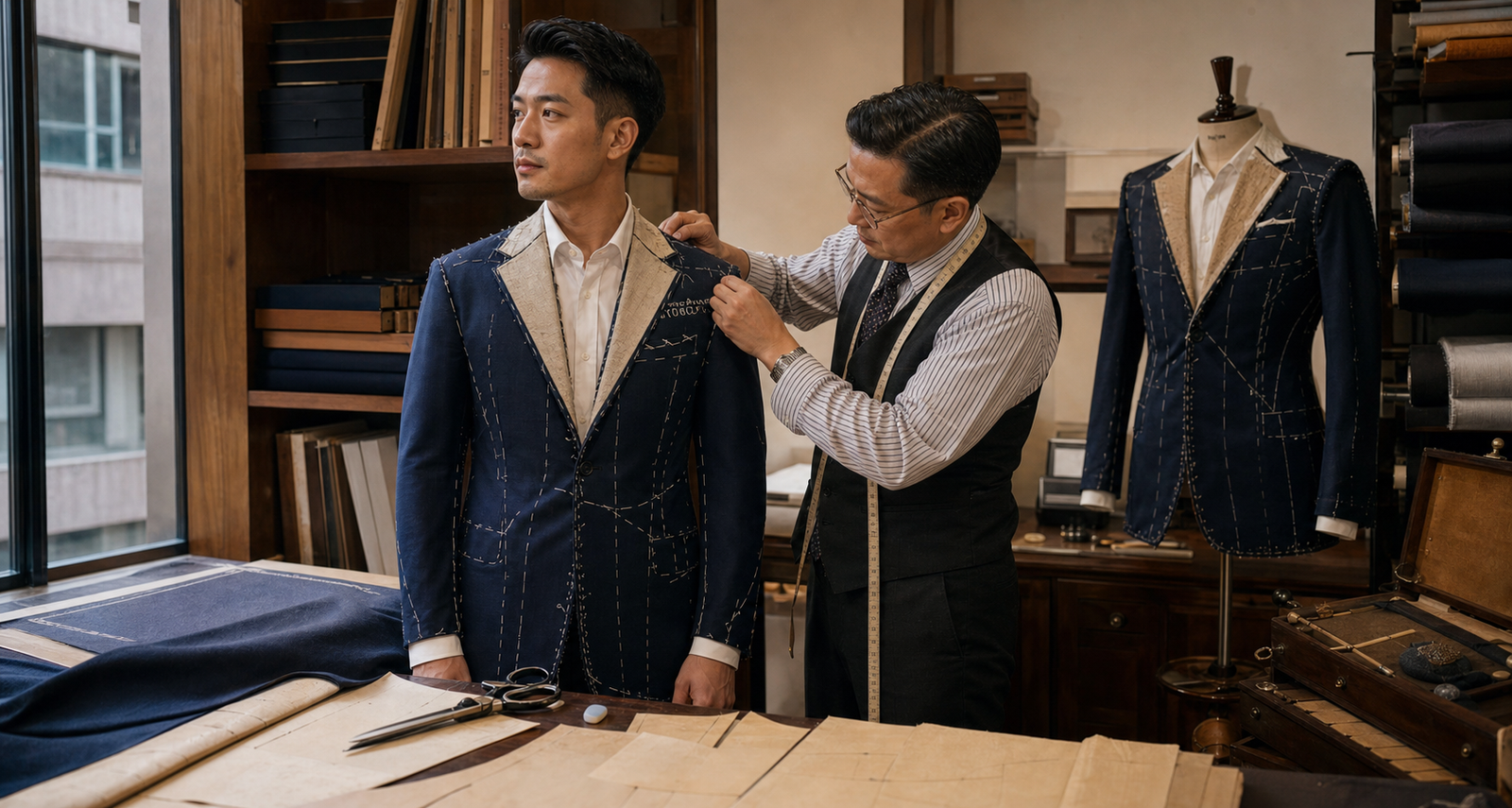 香港 bespoke 裁縫為客人試穿半成品西裝外套，桌上有紙樣和布料，示範訂造西裝 fitting