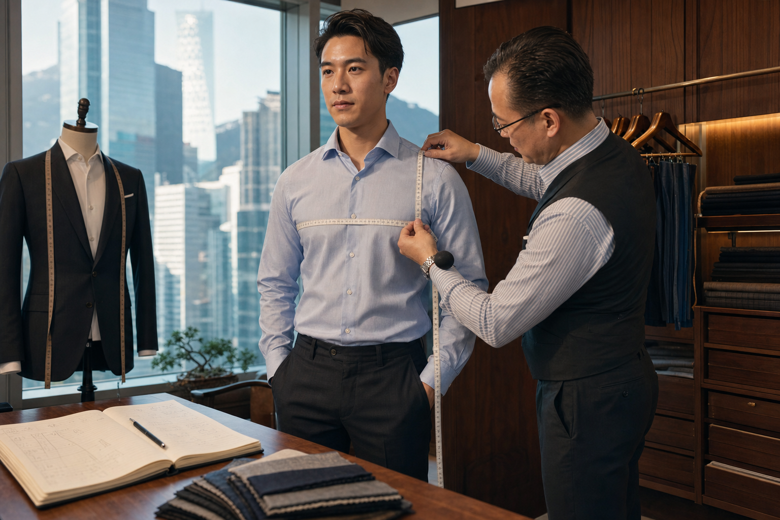 香港西裝店第一次諮詢，師傅為客人量膊頭和胸圍並記低 fitting notes，說明揀西裝店要睇度身是否仔細