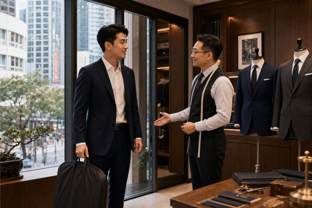 客人帶著西裝袋到中環上環裁縫店預約諮詢,店內展示深藍和炭灰西裝
