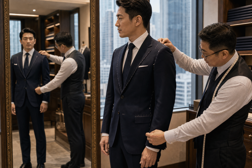 香港中環上環裁縫店內師傅為客人檢查西裝肩線和腰身,鏡中可見試身效果