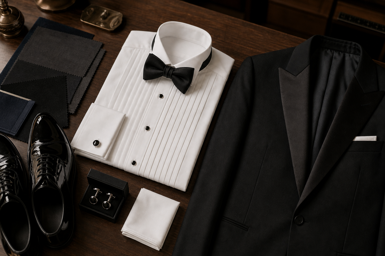 Black Tie 禮服配件平鋪,包括黑色 Tuxedo 外套、白色禮服恤衫、煲呔、袖口鈕和漆皮鞋