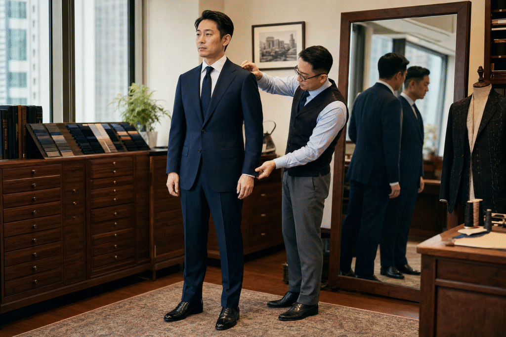 香港裁縫店最後 fitting，師傅檢查深藍西裝肩線、袖長和褲腳，說明試身與修改工序會影響訂造西裝價值