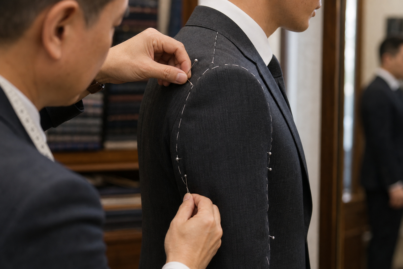 裁縫師用珠針和白色假縫線標記西裝肩線,示範西裝肩位修改和合身檢查