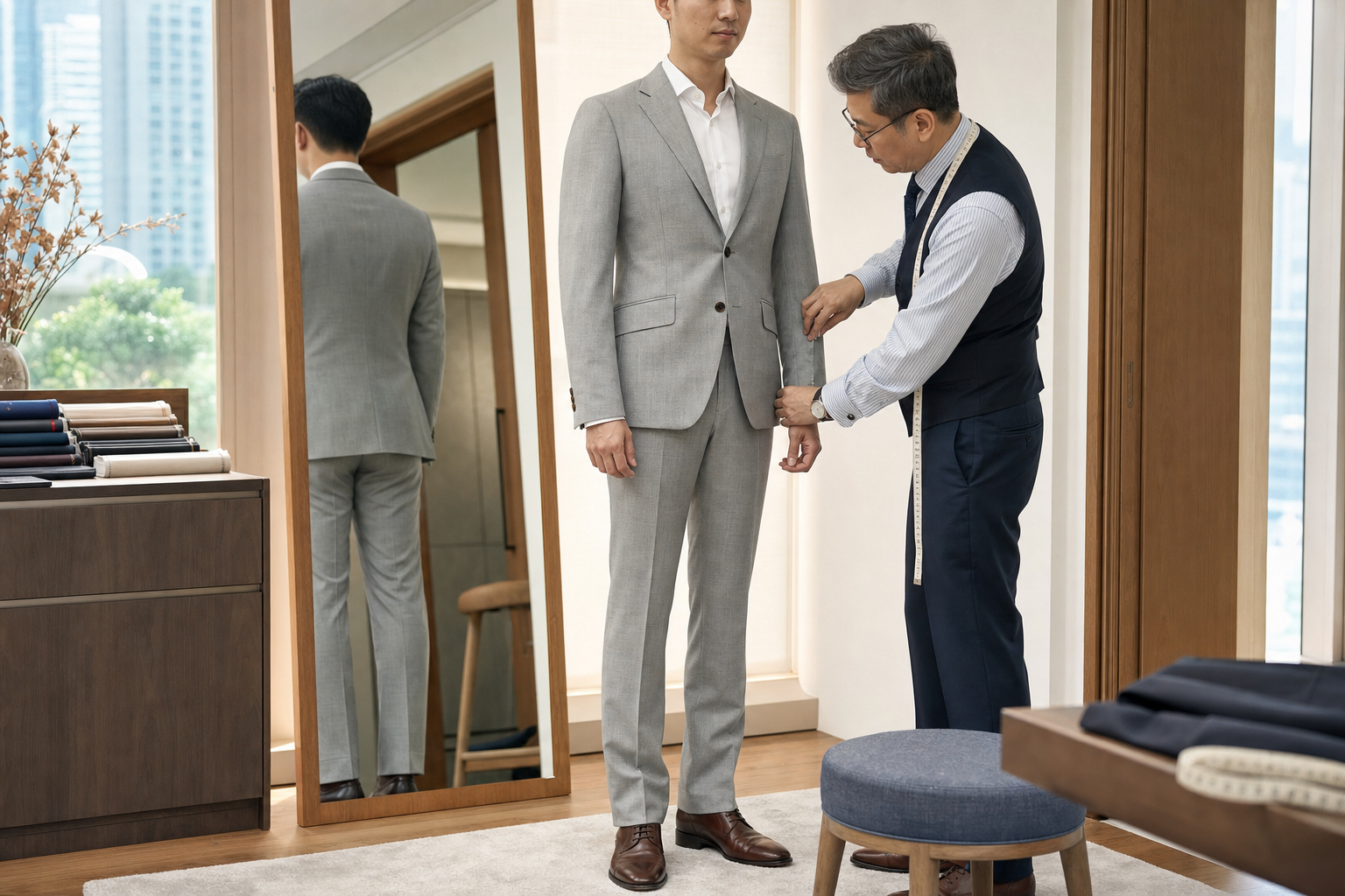 香港新郎夏天西裝 fitting，裁縫檢查淺灰西裝外套腰身、袖長和褲腳長度，確保婚禮當日修身又舒服