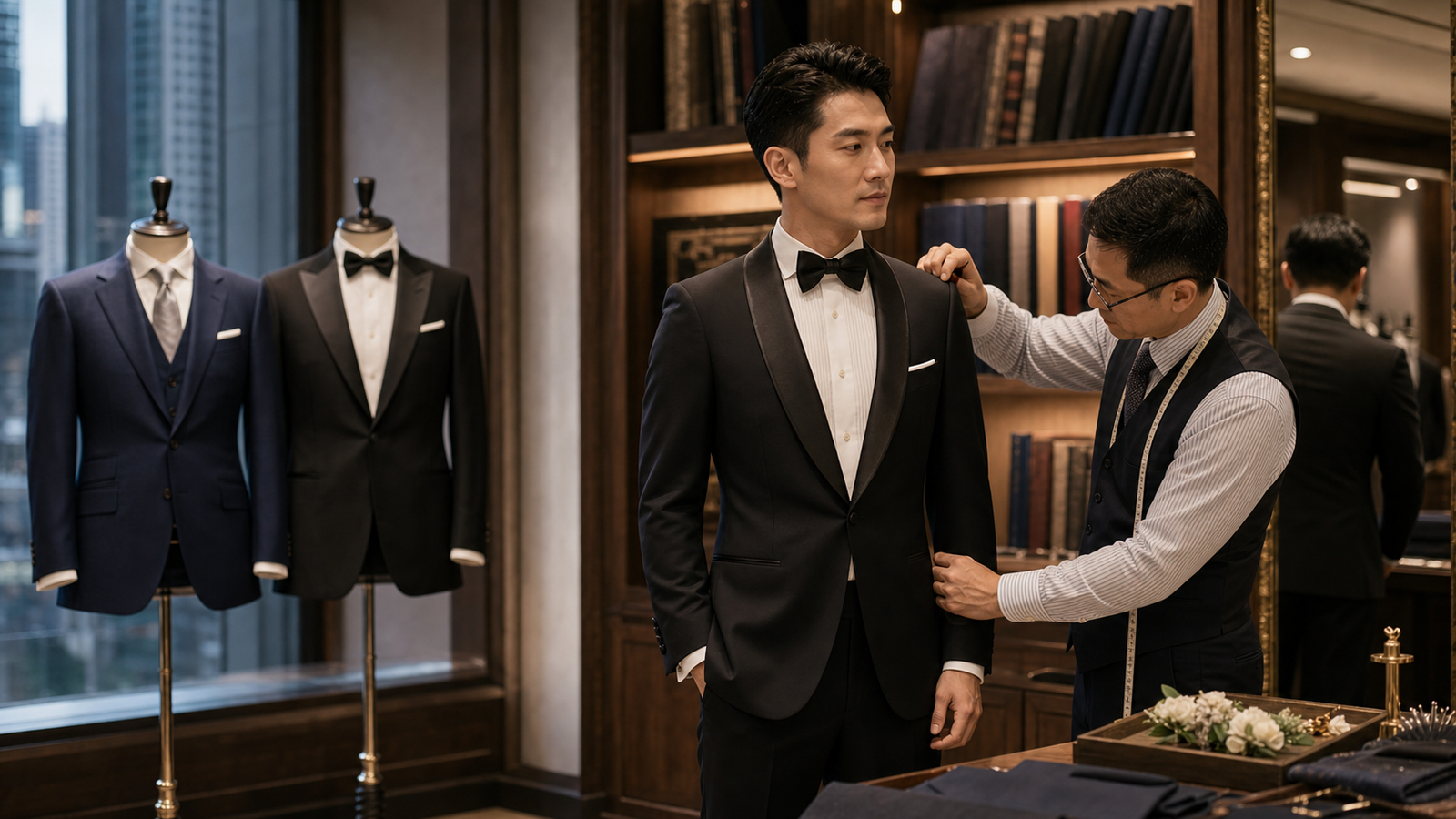 香港中環西裝店內新郎試穿黑色 Tuxedo 禮服,裁縫師調整肩線和腰身,旁邊展示 Black Tie 與深藍婚禮西裝