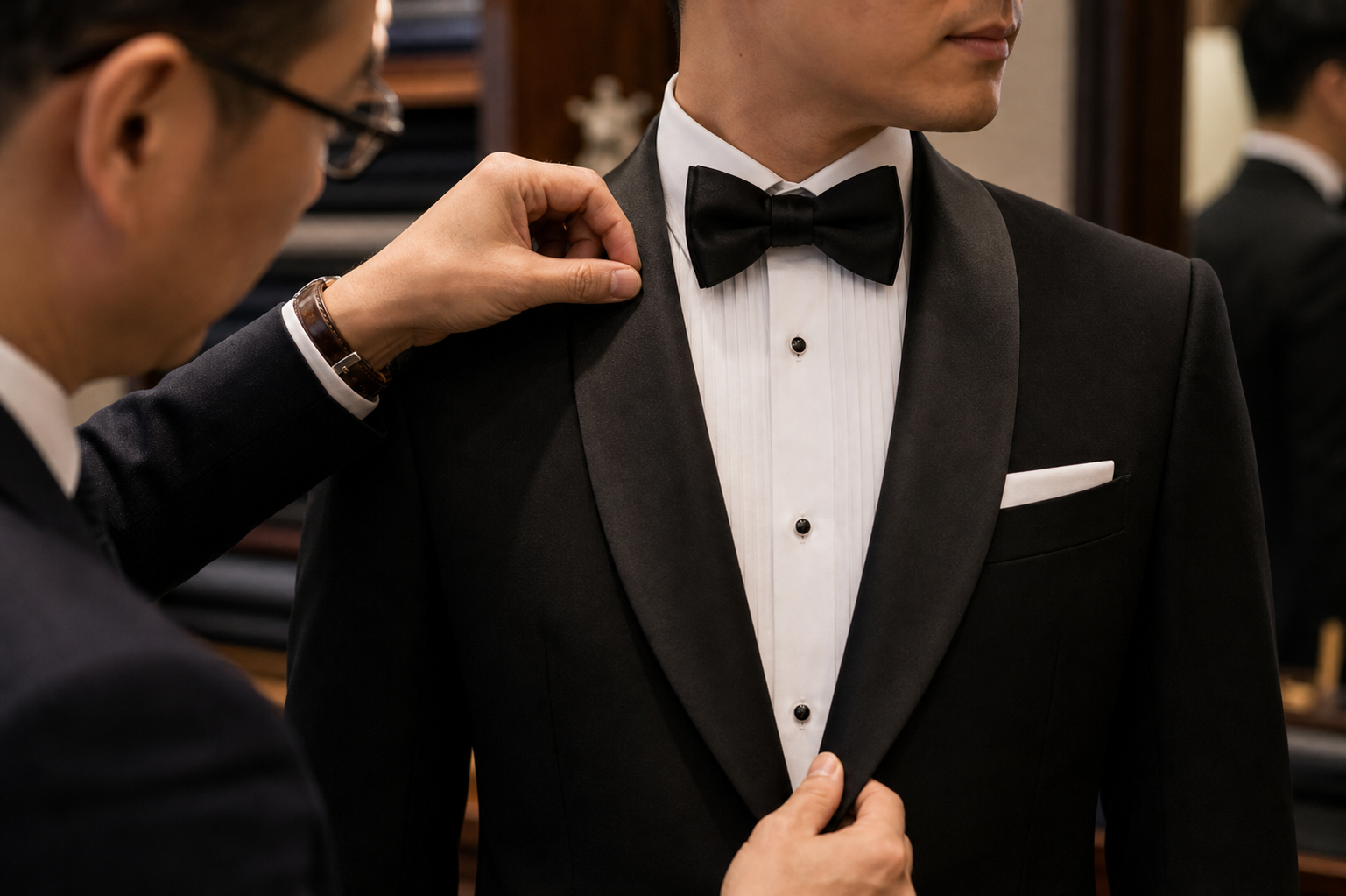 裁縫師為新郎調整黑色 Tuxedo 緞面領和煲呔,展示香港婚禮 Black Tie 禮服試身細節