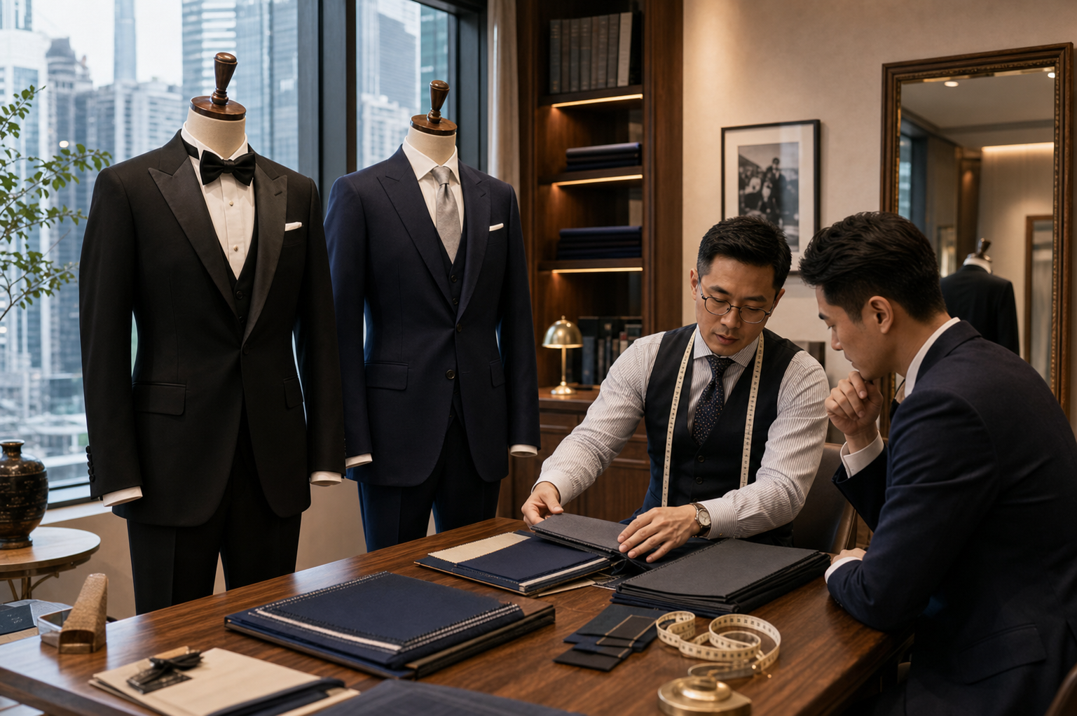 香港裁縫店內黑色 Tuxedo 禮服與深藍婚禮西裝並列展示,客人比較租禮服、MTM 和 Bespoke 選擇