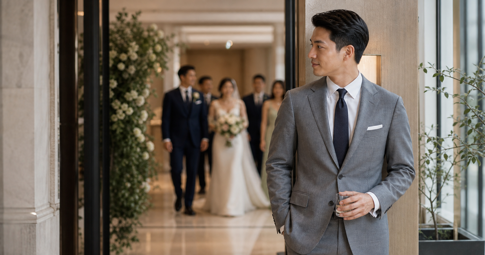香港婚禮男賓穿淺灰西裝安靜站在一旁,背景有新人和婚禮佈置,示範得體但不搶鏡的衣著