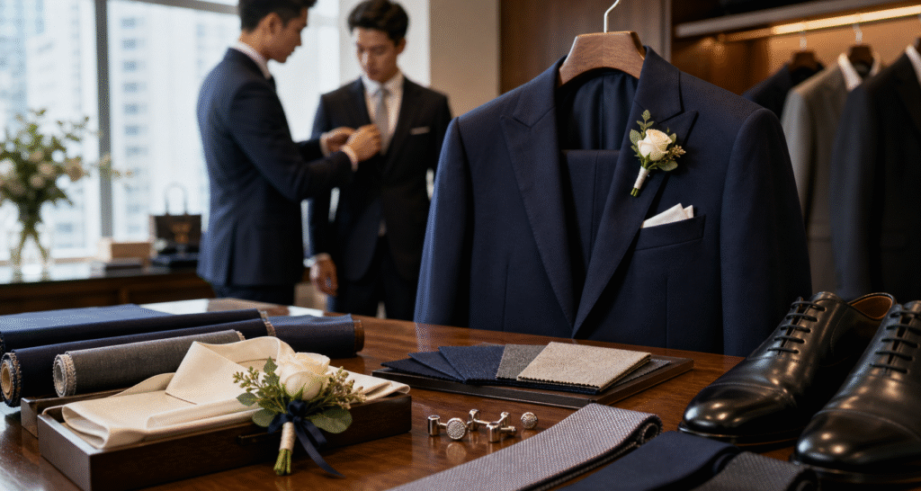 香港婚禮新郎西裝配件與兄弟團禮服協調，桌上有領呔、袋巾、袖口鈕和襟花