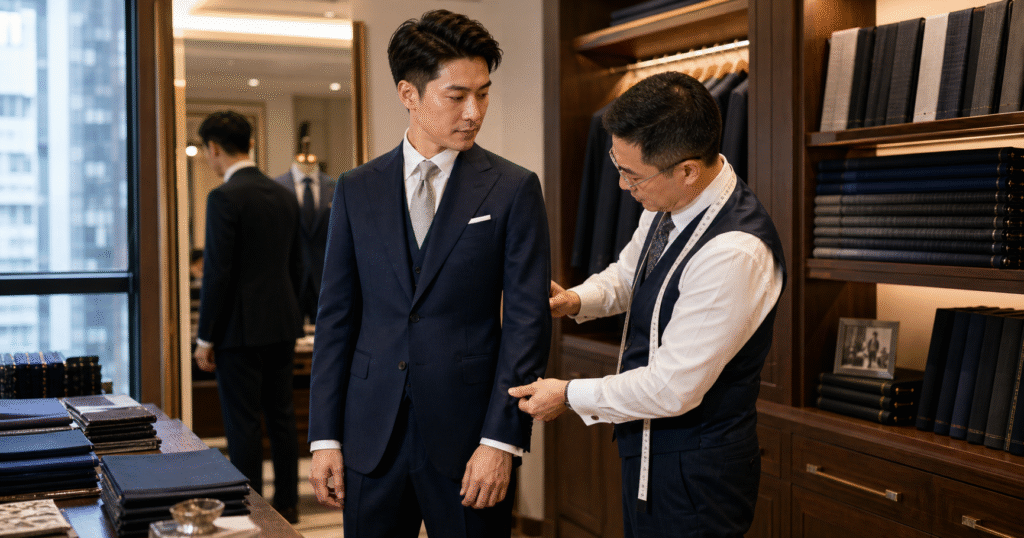 香港新郎在中環裁縫店 final fitting，師傅調整深藍結婚西裝袖長和腰身