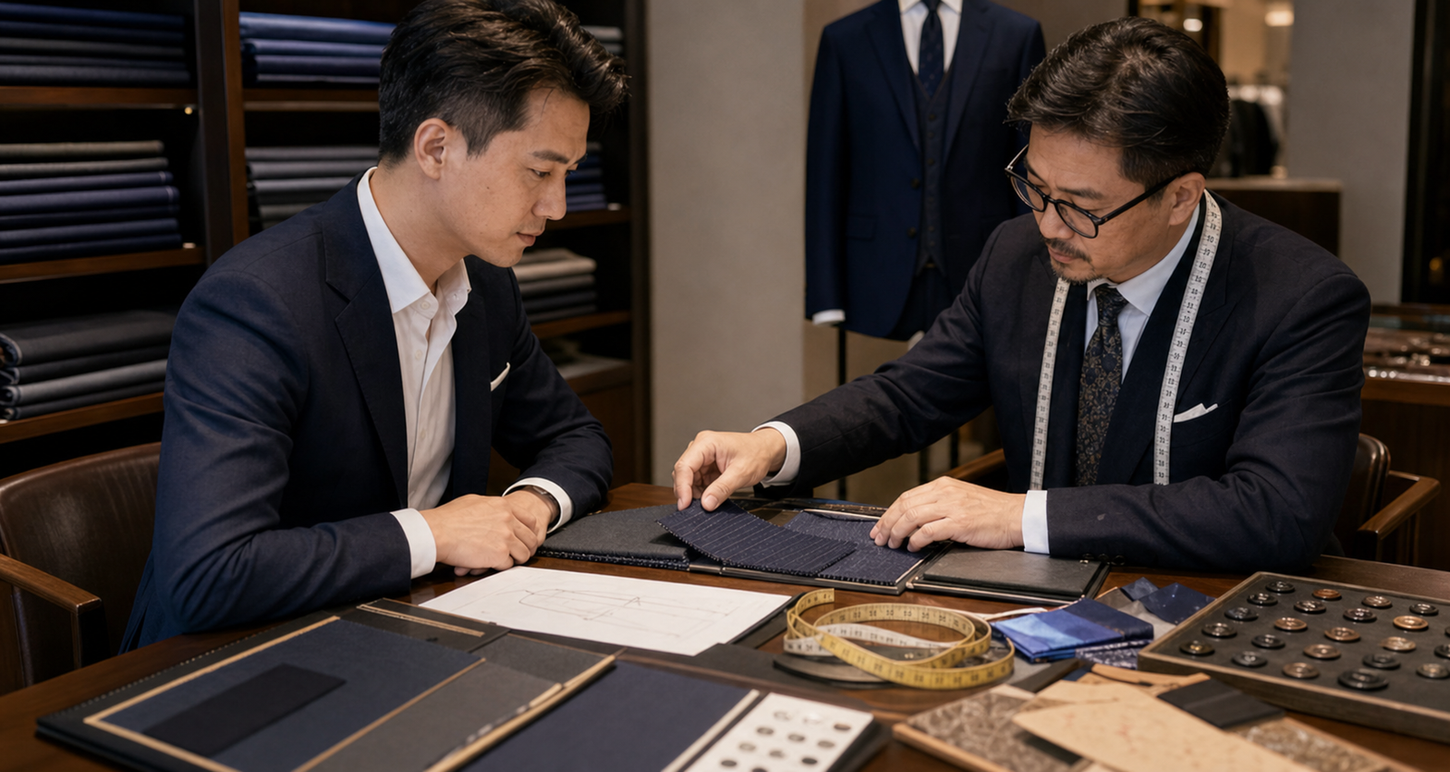 香港裁縫與客人在布辦和鈕扣樣本前討論 made-to-measure 西裝，示範 MTM 選布和量身過程