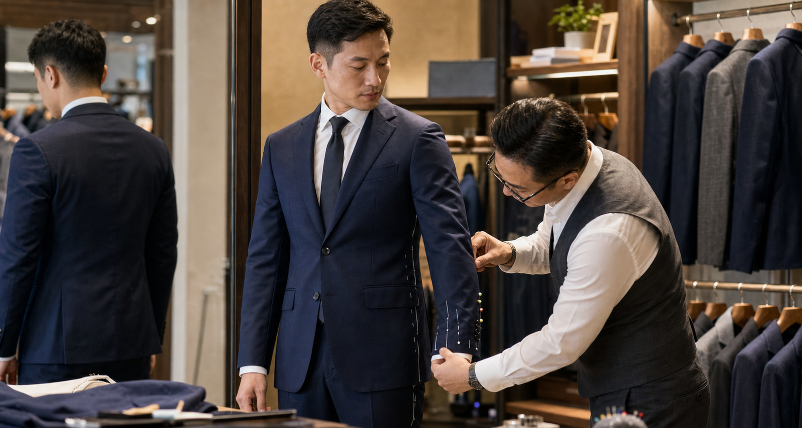 男士在香港西裝店試穿成衣西裝，師傅檢查袖長和腰身，示範 ready-to-wear 西裝需要修改