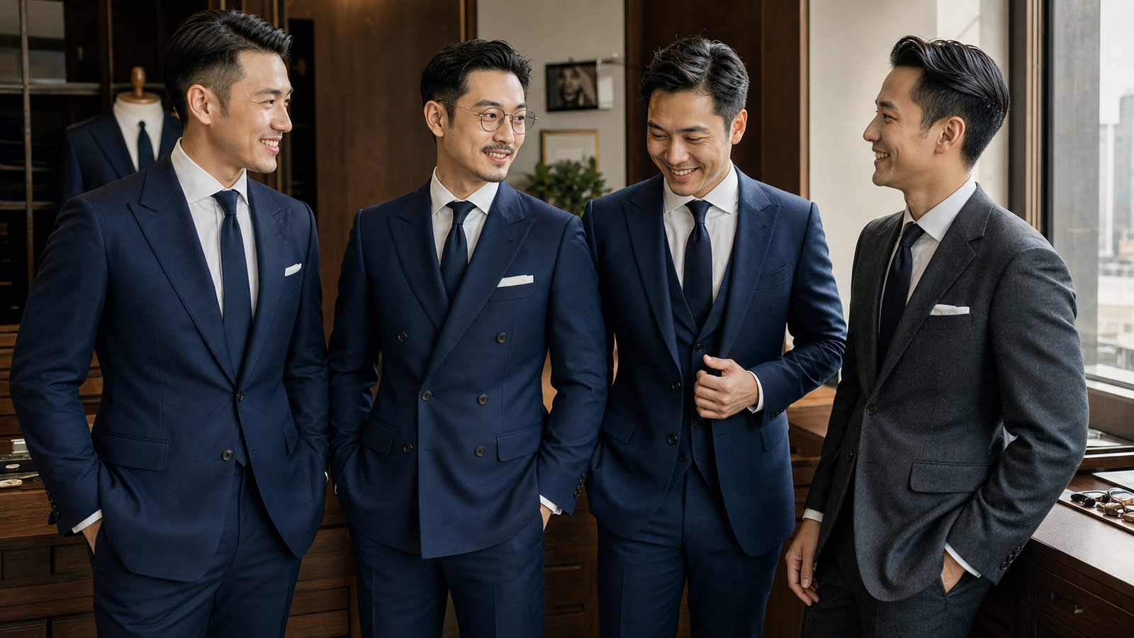 香港兄弟團穿深藍至炭灰同色系西裝，在中環裁縫店示範協調但不完全相同的伴郎造型