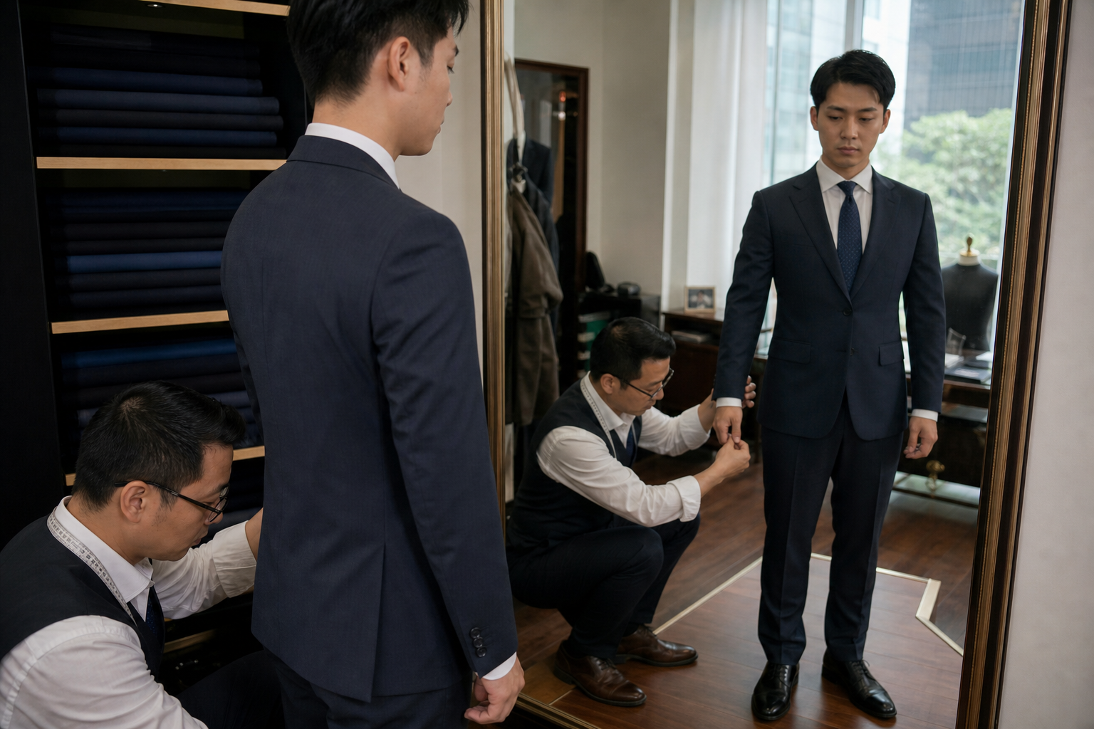香港男士面試西裝試身，師傅檢查袖長、褲腳和整體合身比例